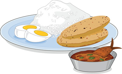 Vector illustration showing eggs, fish, rice, etc