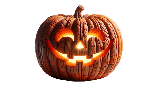 A carved pumpkin with a glowing face, smiling and rough surface