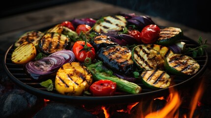  a plate of grilled vegetables sitting on top of a bbq with a fire in the backround. - obrazy, fototapety, plakaty