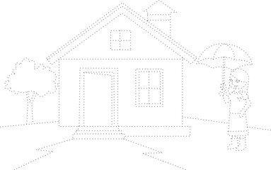 Vector illustration showing outlines of house, tree and cute girl with umbrella
