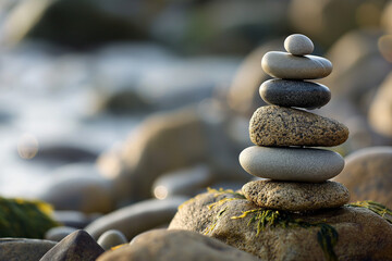 Fototapeta na wymiar Generative AI, Peaceful Zen Stones in Nature : A Symbol of Balance and Serenity.