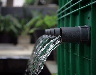 Water flows from a pipe. Clean water flows in a pipe after being filtered in a fish pond