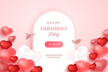 Valentine background with pink color, 3d heart. minimalist frame. clouds, birds. For greeting card, banner, flyer, promotional, website, landing page.