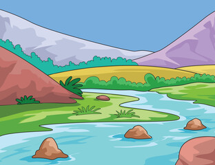 Vector illustration showing stream of river, stones, grass and mountains