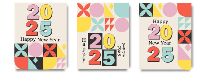 Geometric Bauhaus style on 2025 Happy New Year posters set. Minimalistic trendy brutalist backgrounds. Vector illustration