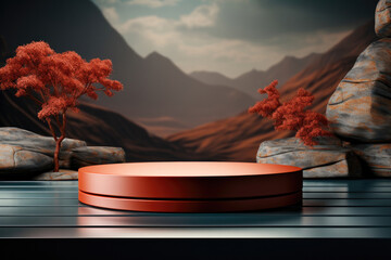 Cylindrical red podium for displaying goods on the background of the mountain landscape autumn