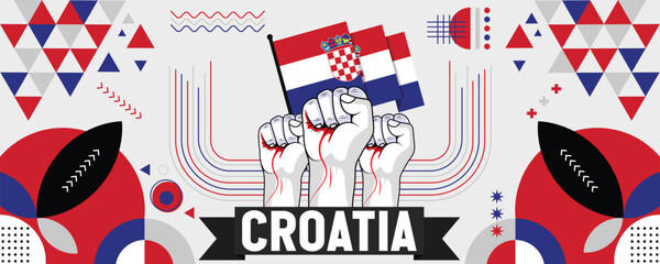 Croatia national or independence day banner for country celebration. Flag of Croatia with raised fists. Modern retro design with typorgaphy abstract geometric icons. Vector illustration.