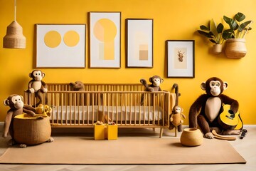 Aesthetic composition of child room interior with mock up poster frame, yellow wall, plush toys, monkey, rattan sideboard, guitar, brown bedding and personal accessories