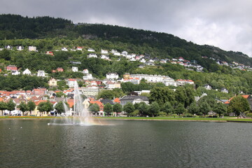 Historical centre of the UNESCO city Bergen in Norway with boats and ships