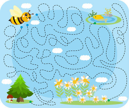 Developmental task. Fun Activities and Labyrinths for kids. A bee is looking for flowers.