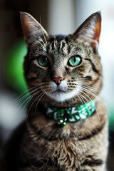 Obraz premium Green-eyed cat wearing a shamrock-patterned collar.