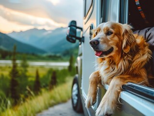 dogs camping in the car. Pets on vacation. - obrazy, fototapety, plakaty