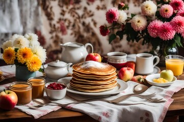 Cozy homemade breakfast - pancakes with apple sauce, vintage dishes, a bouquet of dahlias on a retro tablecloth on a wooden table white