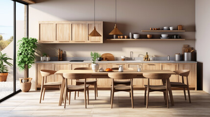 Front view of a modern wooden kitchen in beige color with table and chairs. Kitchen interior...