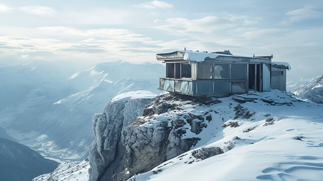 abandonned swiss bento box takeaway bistro on a snowy mountain summit