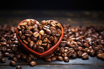 Naklejka premium Heart made of roasted brown coffee beans, dark background. Love of coffee concept.