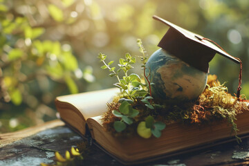 The concept of the World Environmental Education Day. A book with a globe in a graduation cylinder on the background of nature