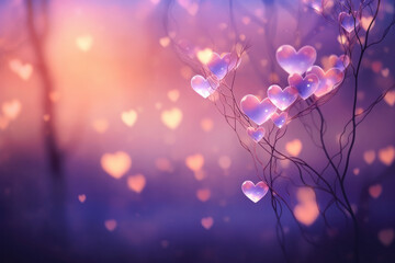 Abstract beautiful hearts in pink and purple color for Valentine's Day, bokeh. Space for text