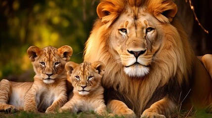 The lion family is lying on the grass