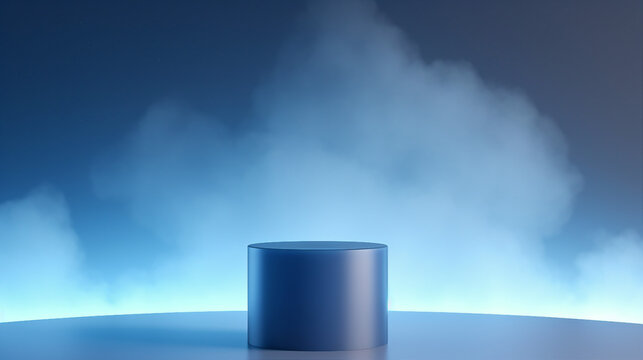 Empty Blue Cylinder Podium Shrouded in Fog on a Bright Background - Microstock Contributor's Optimized Photos for Maximum Visibility and Sales