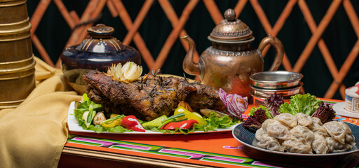 mongolian tsagaan sar food, mongolian lunar year meat food, national food on traditional table
