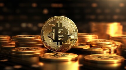 Golden bitcoin cryptocurrency on stack gold coin
