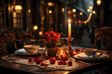 Generative AI - A table served for Saint Valentine romantic dinner - obrazy, fototapety, plakaty