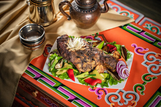 mongolian tsagaan sar food, mongolian lunar year meat food, national food on traditional table