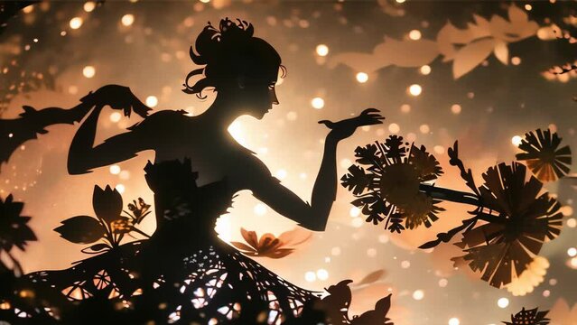The silhouette of a woman dancing amidst delicate flowers and overflowing light, creating an aura of graceful and poetic beauty.
