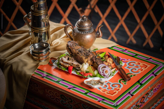 mongolian tsagaan sar food, mongolian lunar year meat food, national food on traditional table
