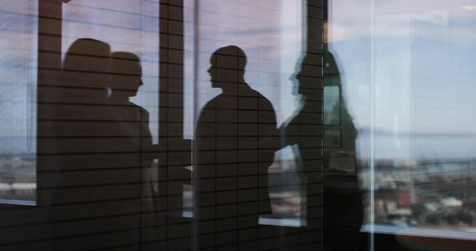 Business, people and collaboration and shadow with handshake, networking and b2b deal in modern office. Corporate meeting, accounting and planning with strategy, finance success and team thank you