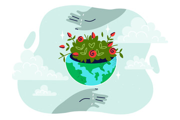 Globe with green plants symbolizing environmental sustainability and stability, near people hands