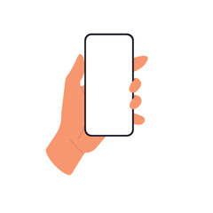 Mobile phone mockup in hand, vertical smartphone screen. Flat vector illustration isolated on white