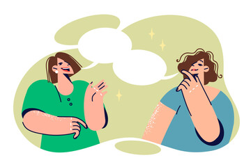 Women talking and sharing thoughts to exchange important information, stands near speech bubbles