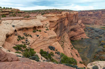 Desert landscape, view of red eroded rocks, Canyon de Chelly National Monument, Arizona