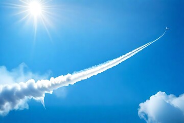 White steam trail from plane or rocket on blue clear sky. Realistic vector illustration of curve smoke tail. Airplane speed flight condensation contrail. Panoramic skyscape with swirl motion gas track - obrazy, fototapety, plakaty