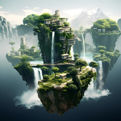 Surreal landscape with floating islands and waterfalls.