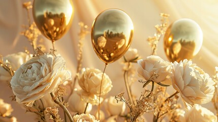 Gold foil balloons with flying white roses and ranunculuses on an ivory background, celebration, wedding or birthday card