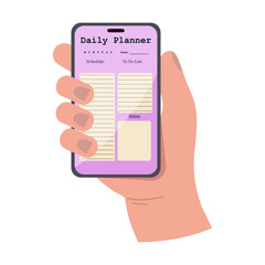 Flat vector illustration of a person's hand holding a phone with a day planner app.