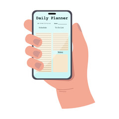 Smartphone with daily planner in hand. Flat style vector illustration.