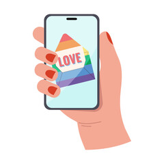 Hand holding smartphone with love letter. Vector illustration in flat style.