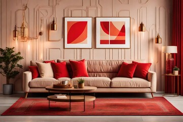 Warm and cozy living room interior with red mock up poster frame, copy space, stylish beige sofa, patterned pillow, coffee table and personal accessories. Home decor. Template