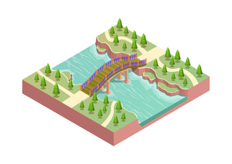 Isometric wooden bridge over a river
