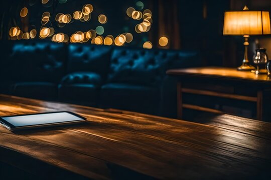 Copy space on a wooden table in a cozy living room at night. close-up image