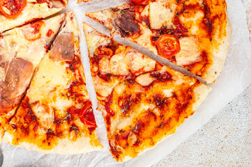 ham pizza jamon, tomato sauce, cheese fresh eating cooking appetizer meal food snack on the table copy space food background rustic 