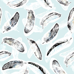 feathers seamless pattern.blue feathers on a white background. watercolor