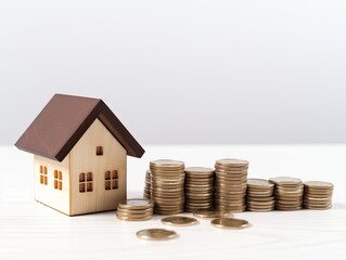 pile of coins and house model on the table. Financial safety and investment concept.