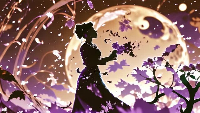 Stylish vector icon featuring two silhouettes dancing under a large moon
