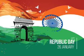 Fototapeta premium Republic day vector poster design Indian flag wave illustration 