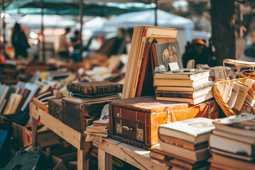 Vintage Treasures: Second-Hand Books and Boxes at a Flea Market